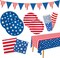 4th of July American Flag Patriotic Party Supplies Disposable Paper Plates Napkins Cocktail Napkins Cups Tablecloth and Banner